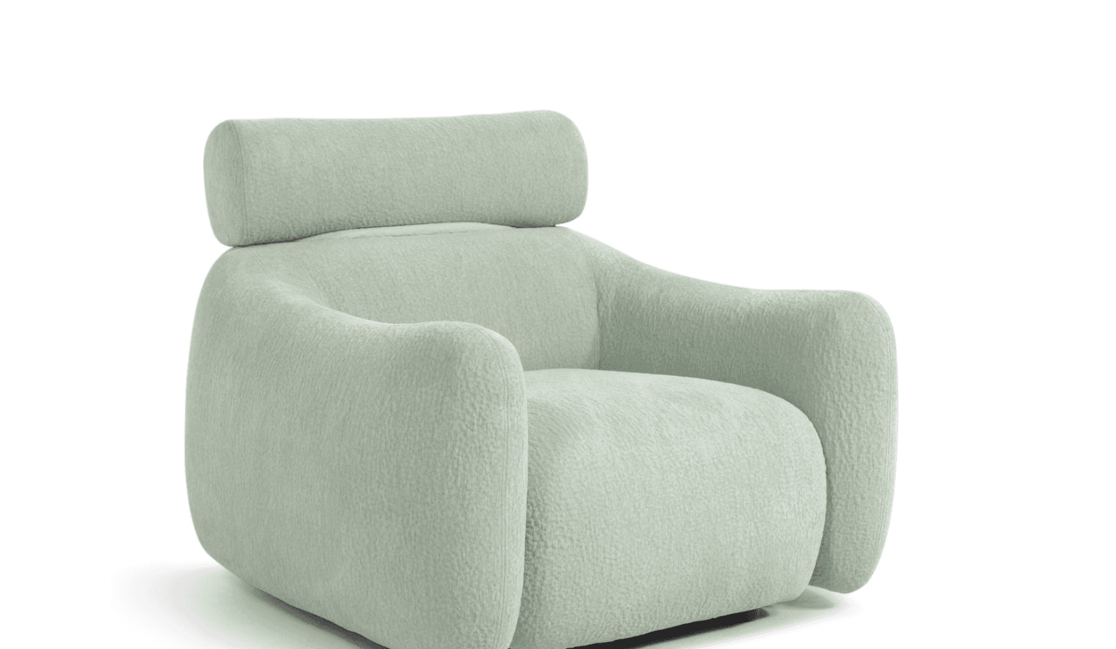A plush, rounded contemporary lounge armchair upholstered in a light green boucle fabric, featuring integrated armrests and a distinct, cylindrical headrest cushion. — 3D model