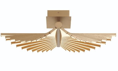 A modern semi-flush mount ceiling light featuring a spiral or fanned arrangement of multiple rectangular elements, each emitting integrated LED light. The fixture is finished in a matte gold or brass tone. — 3D model