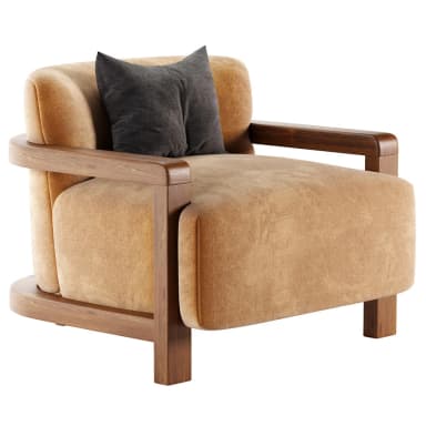 A contemporary armchair featuring a plush, upholstered seat and back in a warm, textured orange fabric, supported by an exposed rectangular wooden frame that forms the armrests and base. A dark grey throw pillow rests on the seat. — 3D model