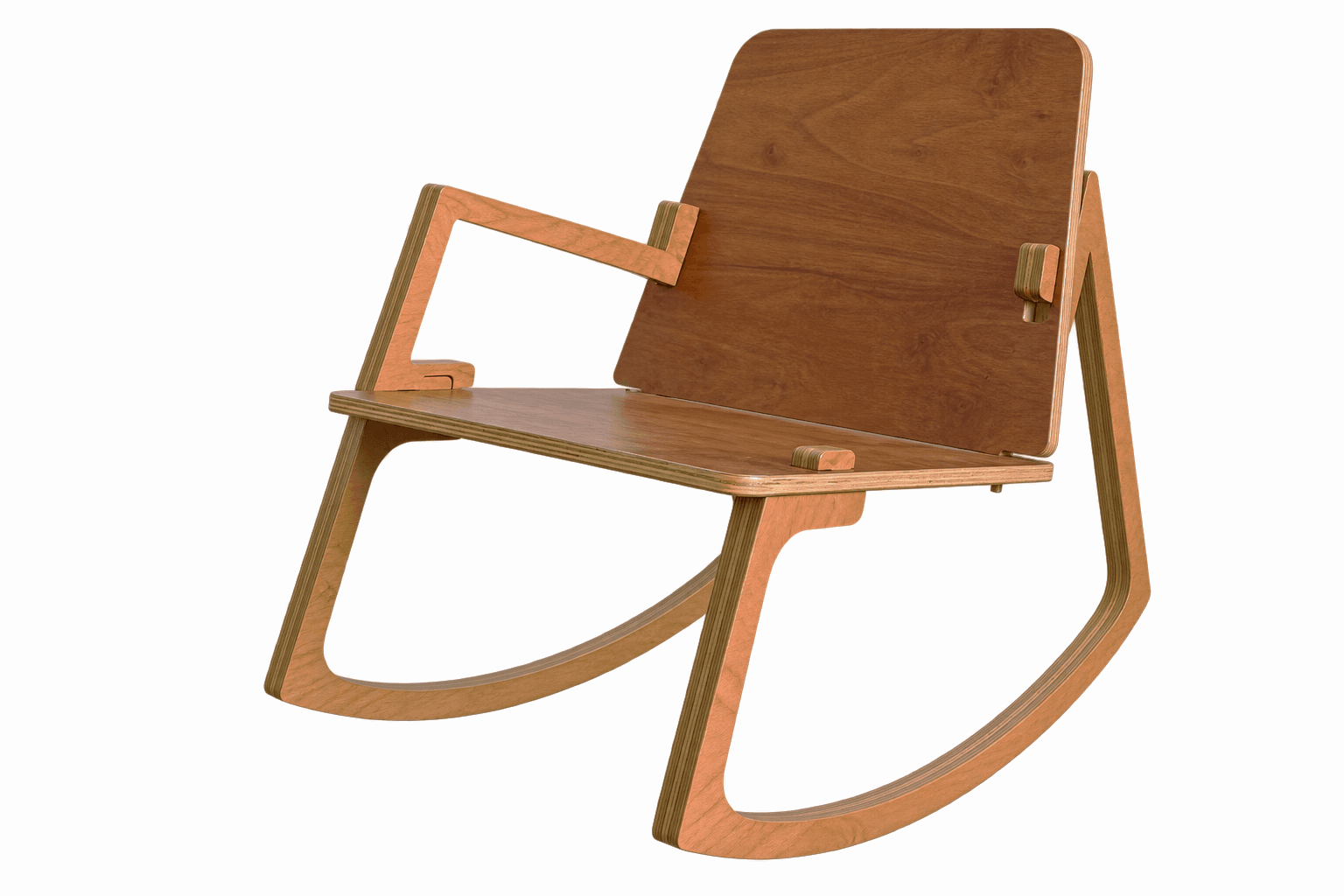 A modern rocking chair constructed primarily from multi-layered plywood, featuring a minimalist design. It has a medium brown wood veneer finish on the seat and backrest, contrasted by the lighter, visible edge grain of the plywood. — 3D model