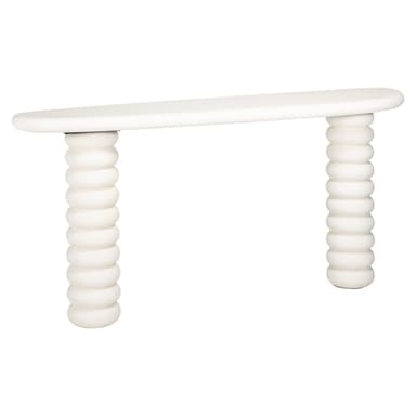 A white console table with an oval-shaped top and two cylindrical legs. The legs are composed of stacked, rounded elements resembling beads or discs. — 3D model