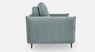 A two-seater sofa with a light grey textured fabric upholstery. The back cushions feature tufting with visible buttons and a subtle pink piping detail along the edges. The seat cushion is plain and segmented by stitching. The sofa has squared arms and is supported by short, dark, angled legs. — 3D model