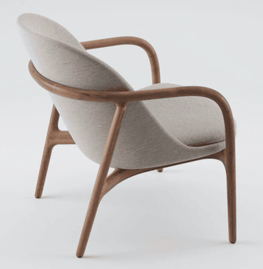 A contemporary lounge chair featuring a gracefully curved solid wood frame, likely walnut, that forms the legs, armrests, and back support in a continuous, flowing line. The seat and backrest are upholstered in a light beige or light gray textured fabric, nestled within the wooden structure. The design emphasizes organic forms and ergonomic comfort. — 3D model