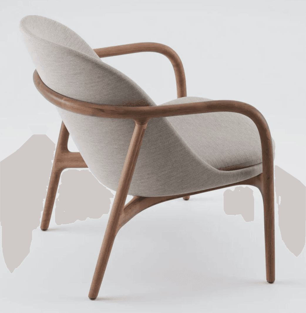 A contemporary lounge chair featuring a gracefully curved solid wood frame, likely walnut, that forms the legs, armrests, and back support in a continuous, flowing line. The seat and backrest are upholstered in a light beige or light gray textured fabric, nestled within the wooden structure. The design emphasizes organic forms and ergonomic comfort. — 3D model