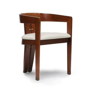 A refined Art Deco style armchair crafted from dark wood, featuring a curved barrel-style back with reeded inner detailing. The chair has a square upholstered seat in a light, neutral fabric, and exposed joinery elements on the back legs. It stands on four straight legs. — 3D model