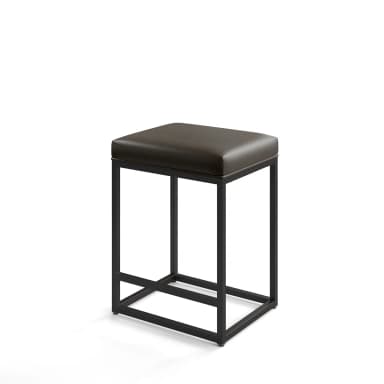 A modern, backless stool with a square, upholstered seat and a minimalist metal frame. The frame forms a geometric base with intersecting horizontal bars for support. The stool is designed for counter or bar height seating. — 3D model