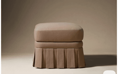 A square, upholstered ottoman featuring a plush top cushion and a continuous box-pleated fabric skirt around its base, all in a neutral beige color. — 3D model