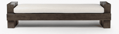 A contemporary bench with a dark wood frame and a light-colored upholstered seat. The frame features a blocky, geometric design with staggered vertical elements at each end, creating a robust and architectural appearance. The seat is a simple rectangular cushion, providing a contrast in texture and color to the solid wood base. The bench is presented against a plain white background, highlighting its form and details. — 3D model