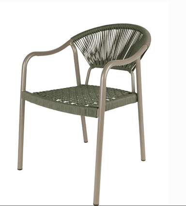 A modern armchair featuring a robust metal frame and intricate olive green woven cord detailing for both the seat and backrest. The frame is a muted taupe, and the backrest showcases a radial pattern of individual cords, contrasting with the tighter, braided weave of the seat. The chair is designed with integral armrests that flow seamlessly from the back legs. — 3D model
