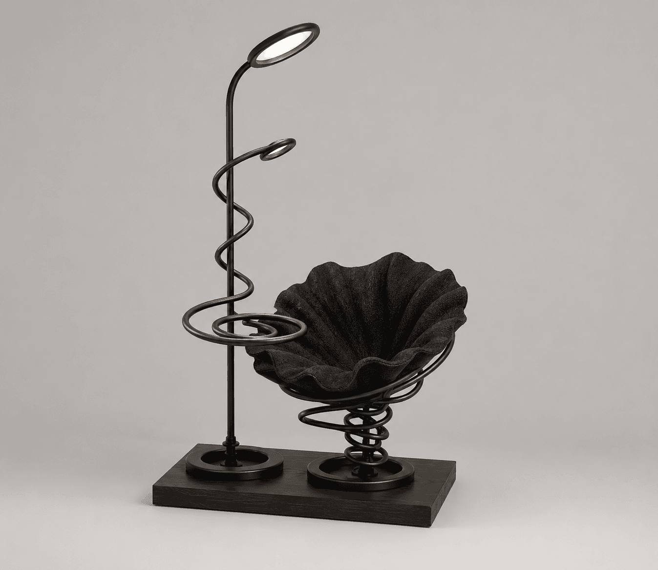 A modern accent chair featuring a dark, ruffled fabric seat supported by a prominent coiled spring mechanism. The chair is integrated with a floor lamp that has two oval LED light fixtures and a decorative spiral metal accent on its stand. Both the chair and the lamp are mounted on a dark wood base. — 3D model