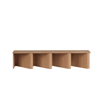 A long, low bench with a light wood finish. The bench features a flat top surface with slightly rounded edges. The base is composed of four vertically oriented, curved panels that create a wave-like or fluted effect. The overall design is minimalist and modern. — 3D model