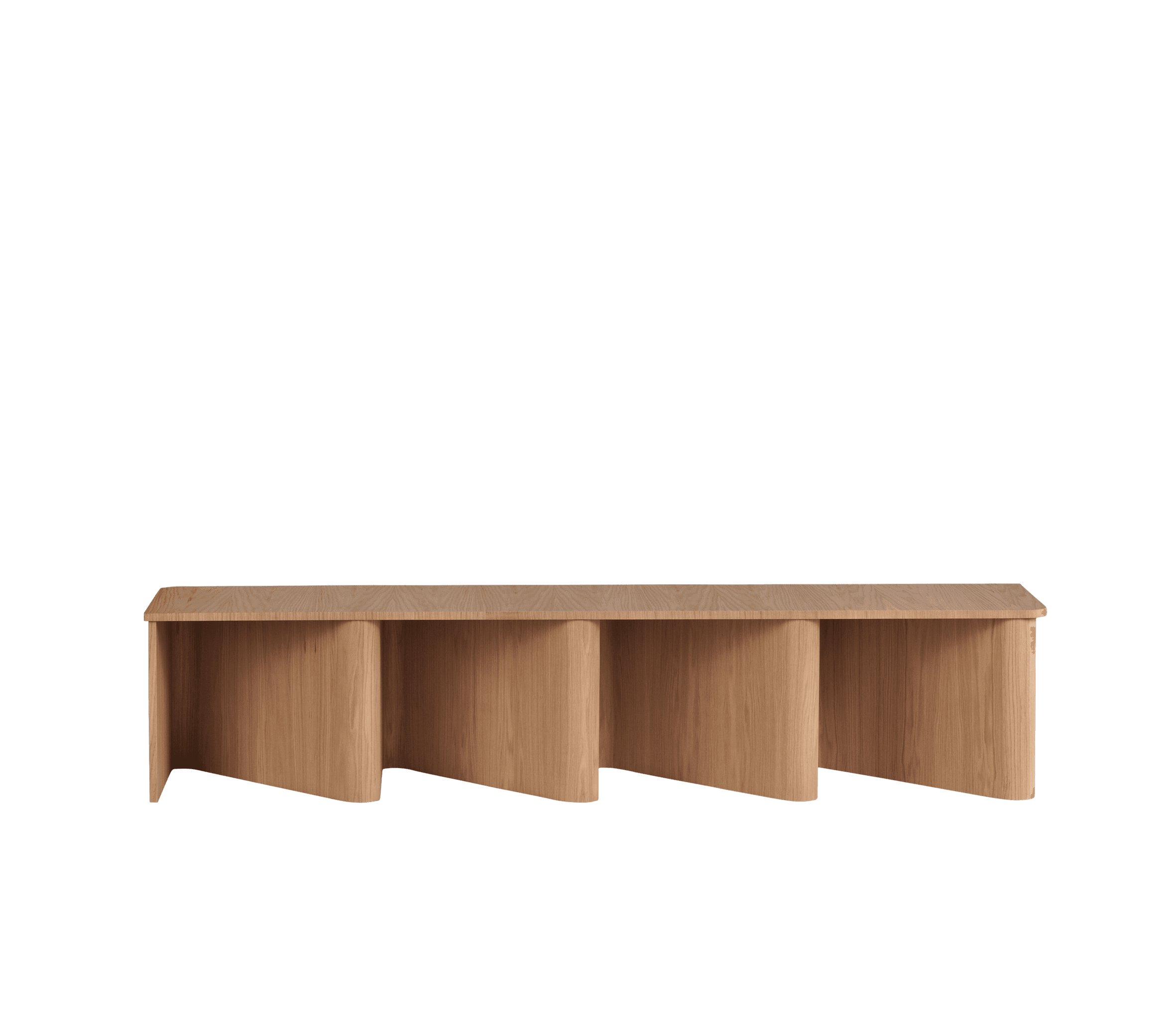 A long, low bench with a light wood finish. The bench features a flat top surface with slightly rounded edges. The base is composed of four vertically oriented, curved panels that create a wave-like or fluted effect. The overall design is minimalist and modern. — 3D model