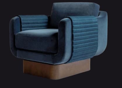 A contemporary armchair upholstered in dark teal velvet, featuring a rounded silhouette, ribbed armrest panels, and a block-style base. — 3D model