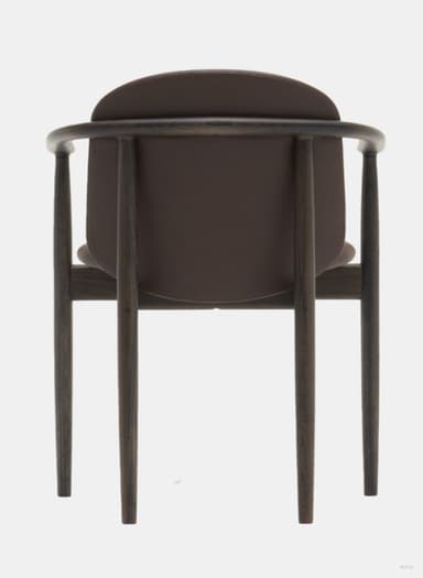 A wooden armchair with a curved backrest and a padded seat. The frame is made of dark-stained wood, featuring slender, tapered legs and curved armrests that flow into the back supports. The seat and backrest are upholstered in a dark brown material, likely leather or faux leather, with a smooth finish. — 3D model