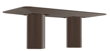 A dark, rectangular dining table with rounded corners and two thick, fluted pedestal legs. The table surface appears smooth and solid, while the legs have a pronounced wood grain texture and a unique, sculptural form. — 3D model