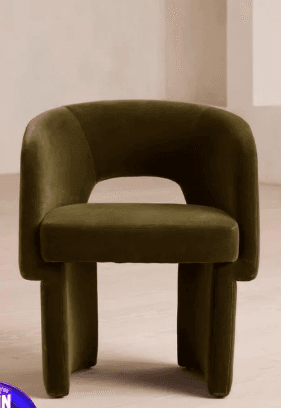 An olive green upholstered armchair featuring a contemporary design with a rounded, barrel-shaped backrest and integrated armrests. The chair is supported by two distinct, sculptural, slab-like legs that form a stable and visually unique base. — 3D model