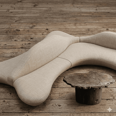 A modular sofa with an organic, curvilinear design, upholstered in a textured boucle fabric. The sofa appears to be composed of multiple connected units, creating an unusual, flowing silhouette that deviates from traditional sofa forms. The front section has a low profile with rounded edges, while the back section features a more upright, curved backrest. — 3D model