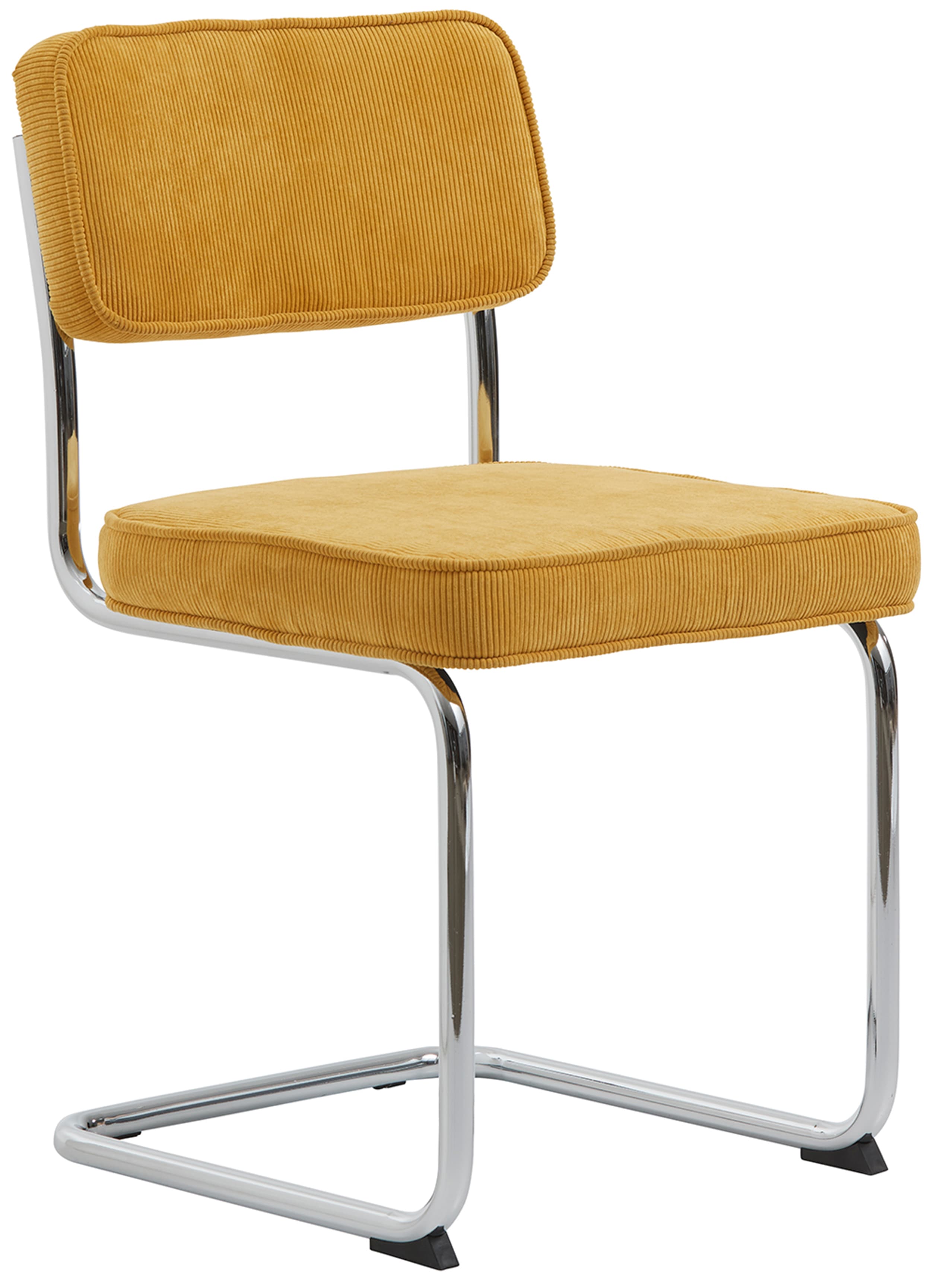 A side chair with a tubular chrome frame and corduroy upholstered seat and backrest. The frame has a cantilevered design, providing a slight flex. The seat and back are generously padded and feature piped edges. The chair rests on black protective caps at the base of the legs. — 3D model
