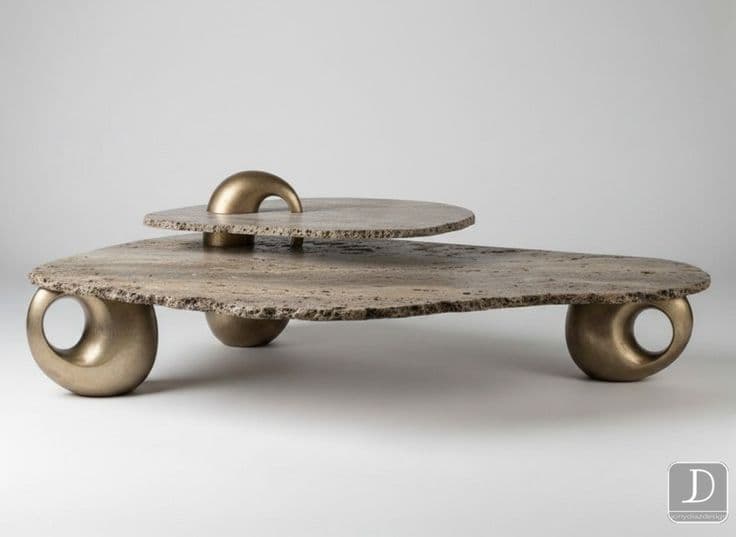 A multi-tiered coffee table featuring two irregular, organically shaped stone slabs with raw, textured edges. The lower, larger slab is supported by three sculptural legs, two with an open, looping design and one solid spherical design, all in a bronze-toned metal. The smaller, upper slab is connected to the larger one by a rising, curved bronze-toned element, reminiscent of a handle or horn. The stone appears to be travertine or a similar material with natural variations and a porous surface. — 3D model