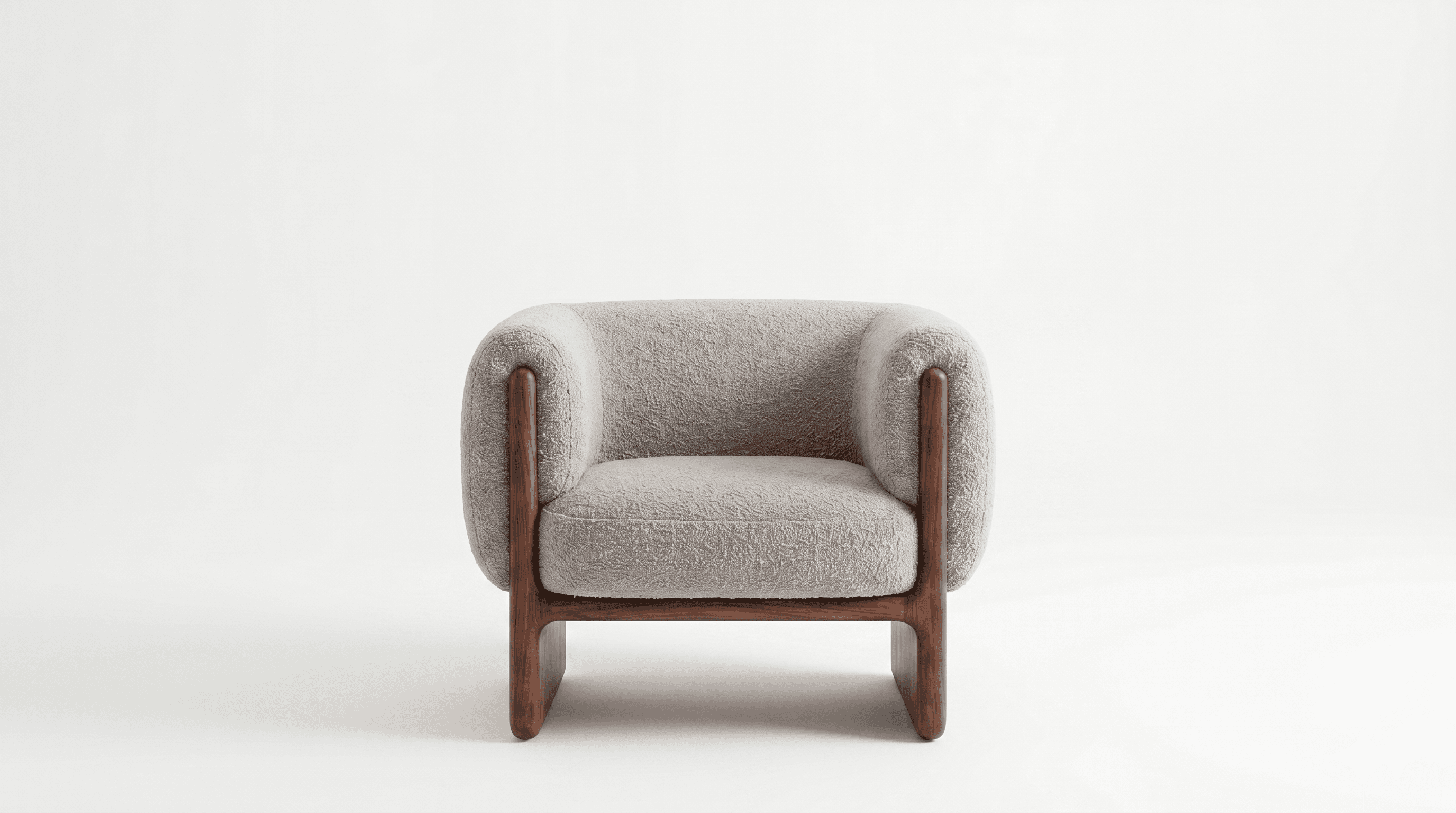 A contemporary armchair featuring a rounded, plush silhouette with light gray textured upholstery and an exposed solid dark wood frame forming the base and armrest accents. The chair has a minimalist yet inviting design. — 3D model