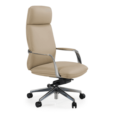 An executive high-back office chair upholstered in beige leather with polished metal accents. It features a padded headrest, ergonomic armrests, and a five-star base with casters for mobility. The chair includes a swivel mechanism and appears to have height adjustment capabilities. — 3D model