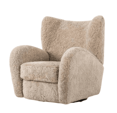 A contemporary upholstered armchair featuring a plush, textured sherpa fabric in a light beige color. The chair has a high back with subtly curved sides, generously padded rolled arms, and a thick, separate seat cushion. It rests on a discrete swivel base, allowing for rotation. The overall aesthetic emphasizes comfort and softness. — 3D model