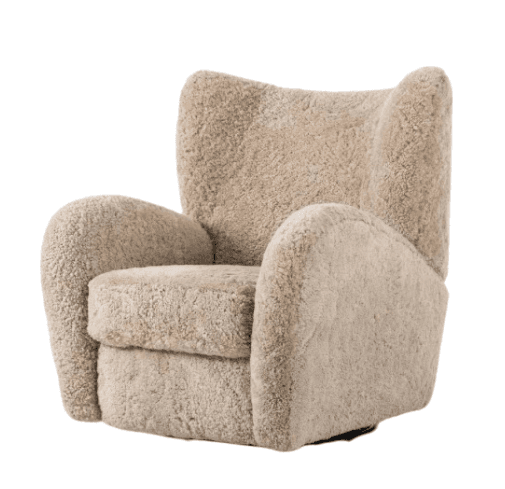 A contemporary upholstered armchair featuring a plush, textured sherpa fabric in a light beige color. The chair has a high back with subtly curved sides, generously padded rolled arms, and a thick, separate seat cushion. It rests on a discrete swivel base, allowing for rotation. The overall aesthetic emphasizes comfort and softness. — 3D model