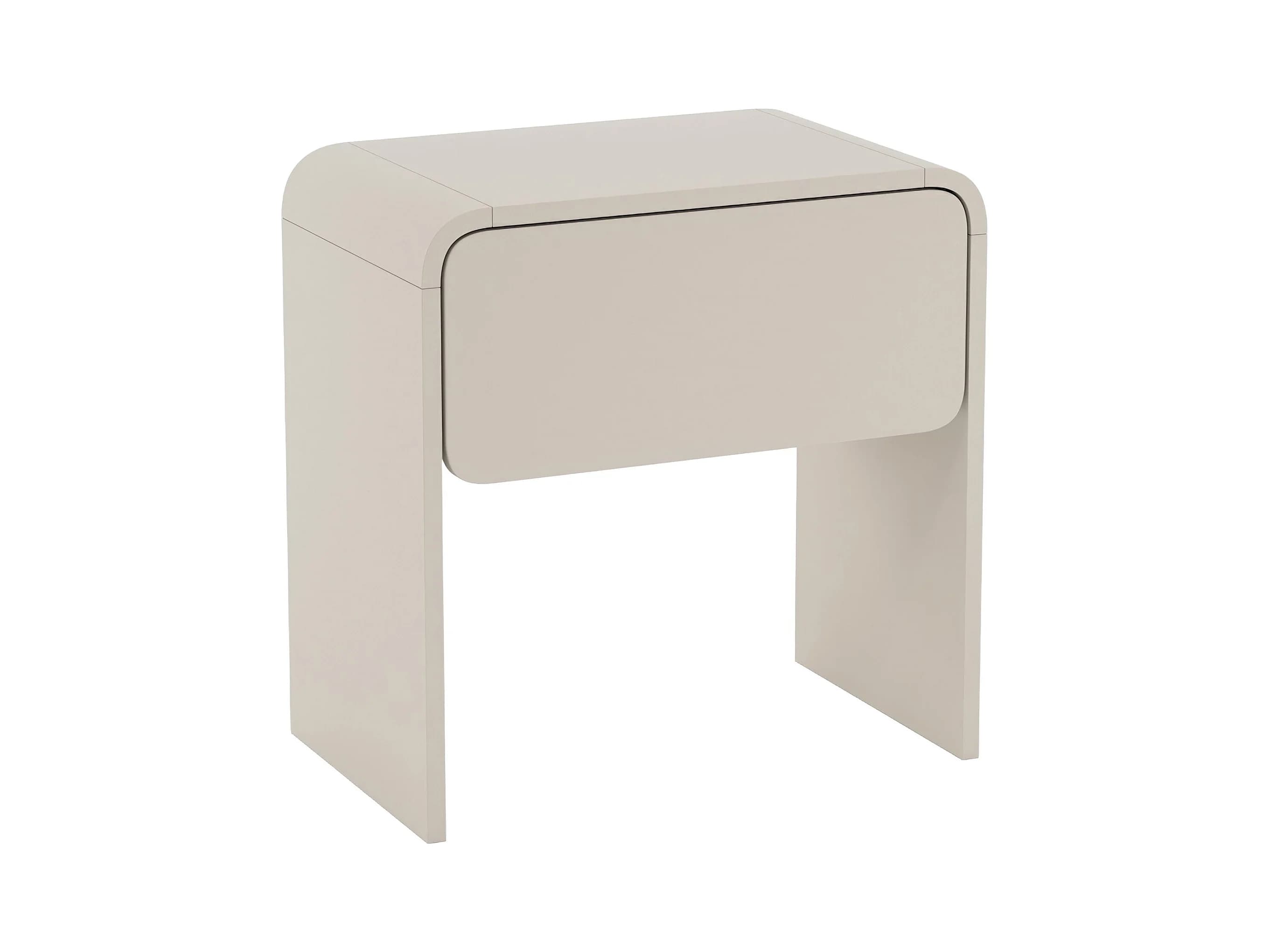 A contemporary nightstand with a rounded top and a single drawer. The design is minimalist with clean lines and a curved front panel for the drawer, integrated seamlessly into the structure. It is supported by two solid legs that form a U-shape with the body. — 3D model