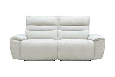 A rear view of a two-seat reclining loveseat, upholstered in a light gray textured fabric, with visible black metal reclining mechanisms at the base. The backrests are individual and cushioned. — 3D model