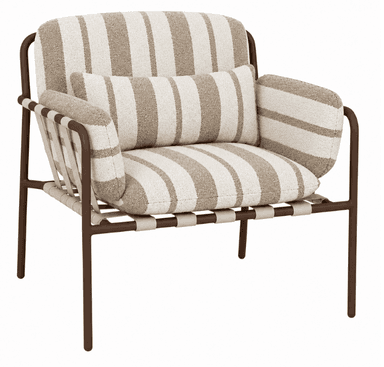 A modern lounge chair featuring a sturdy dark brown tubular metal frame, complemented by thick, comfortable upholstered cushions for the seat and back. The cushions are covered in a textured fabric patterned with broad, alternating stripes of beige and off-white. The seat and back are further supported by a grid of light beige fabric or leatherette straps woven across the frame, providing both structure and a design element. A matching lumbar pillow is included for added comfort. — 3D model