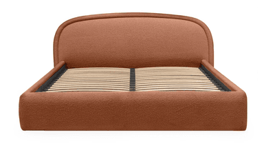 A contemporary bed frame featuring a fully upholstered body and a softly curved headboard, finished in a textured boucle fabric. It incorporates an integrated wooden slat foundation. — 3D model