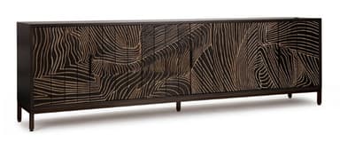 A long, low contemporary credenza featuring a dark-stained wood body with an intricately carved, undulating abstract pattern across its multiple door fronts, supported by a minimalist dark metal frame and slender legs. — 3D model