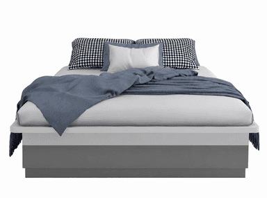 A modern, low-profile platform bed featuring a simple, box-like base in a dark grey finish. A light grey upholstered mattress sits directly on the platform, suggesting integrated support. The bed is dressed with various pillows, including two large ones with a black and white gingham pattern, two solid light blue pillows, and one solid white pillow. A draped blue throw blanket with fringed ends adds a touch of color to the foot of the bed. — 3D model