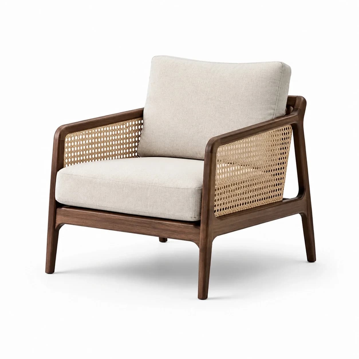 A modern armchair featuring a dark walnut wooden frame with woven cane panels on the side and back. It is fitted with thick, removable light beige fabric cushions for the seat and backrest. The design emphasizes clean lines and natural materials, showcasing a blend of contemporary and classic aesthetics. — 3D model
