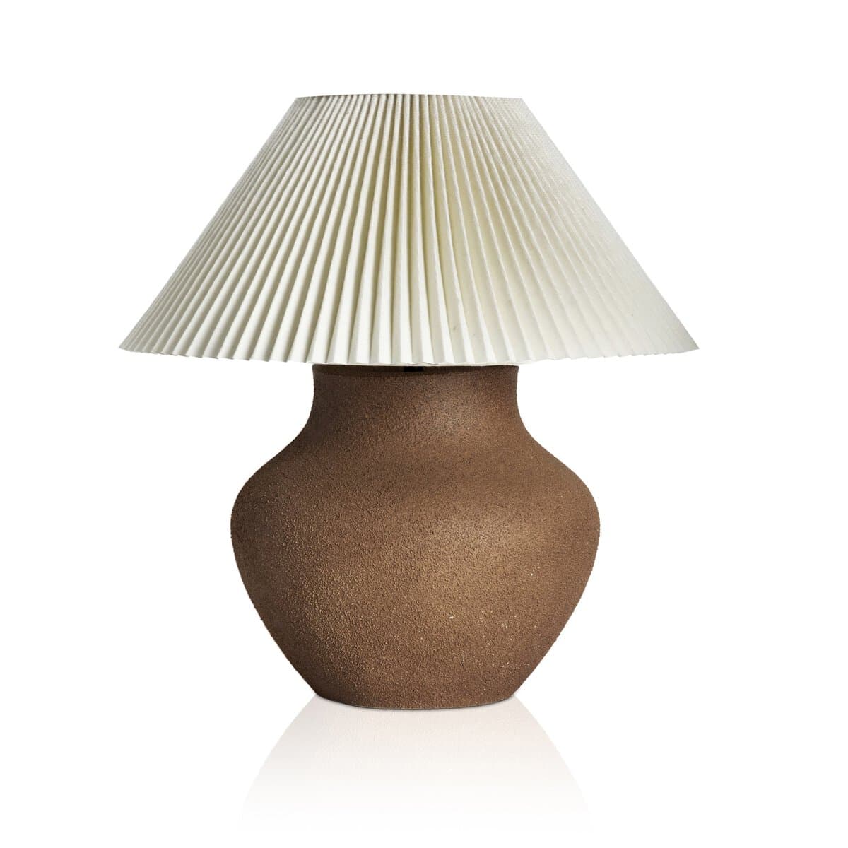 A table lamp with a textured, brown ceramic base and a pleated cream-colored fabric lampshade. — 3D model
