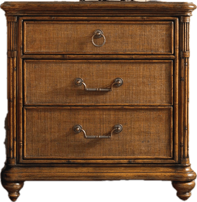 A compact, three-drawer nightstand crafted from dark-toned wood with decorative cane drawer fronts and bamboo-inspired vertical pilasters. It features antiqued metal hardware and stands on bun feet. — 3D model
