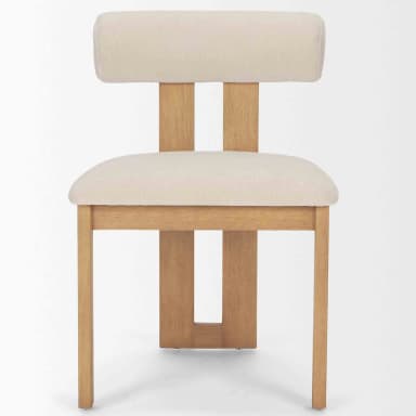 A modern dining chair featuring a light-toned wooden frame and cream-colored textile upholstery. The chair has a distinctive cylindrical backrest, also upholstered, which is supported by two vertical wooden slats extending from the main frame. The seat is a padded, upholstered square cushion. The chair stands on four straight, tapered wooden legs. Its design is minimalist and contemporary, with clean lines and a neutral color palette. — 3D model