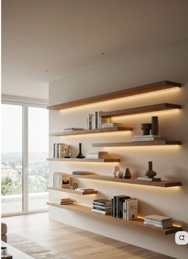 A modern, asymmetrical wall-mounted shelving unit featuring light wood-toned shelves set against a white back panel, designed for display and storage. — 3D model