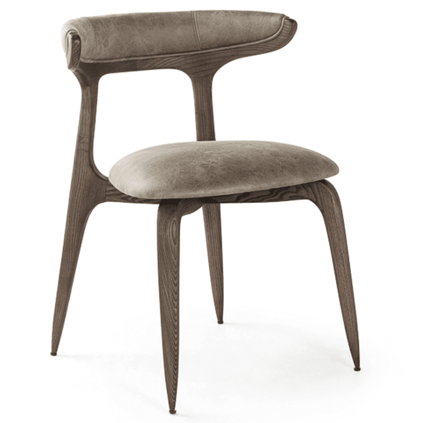 A contemporary dining chair with a sculpted wooden frame and a upholstered seat and backrest. The chair features slender, splayed legs and a curved, open-back design. — 3D model