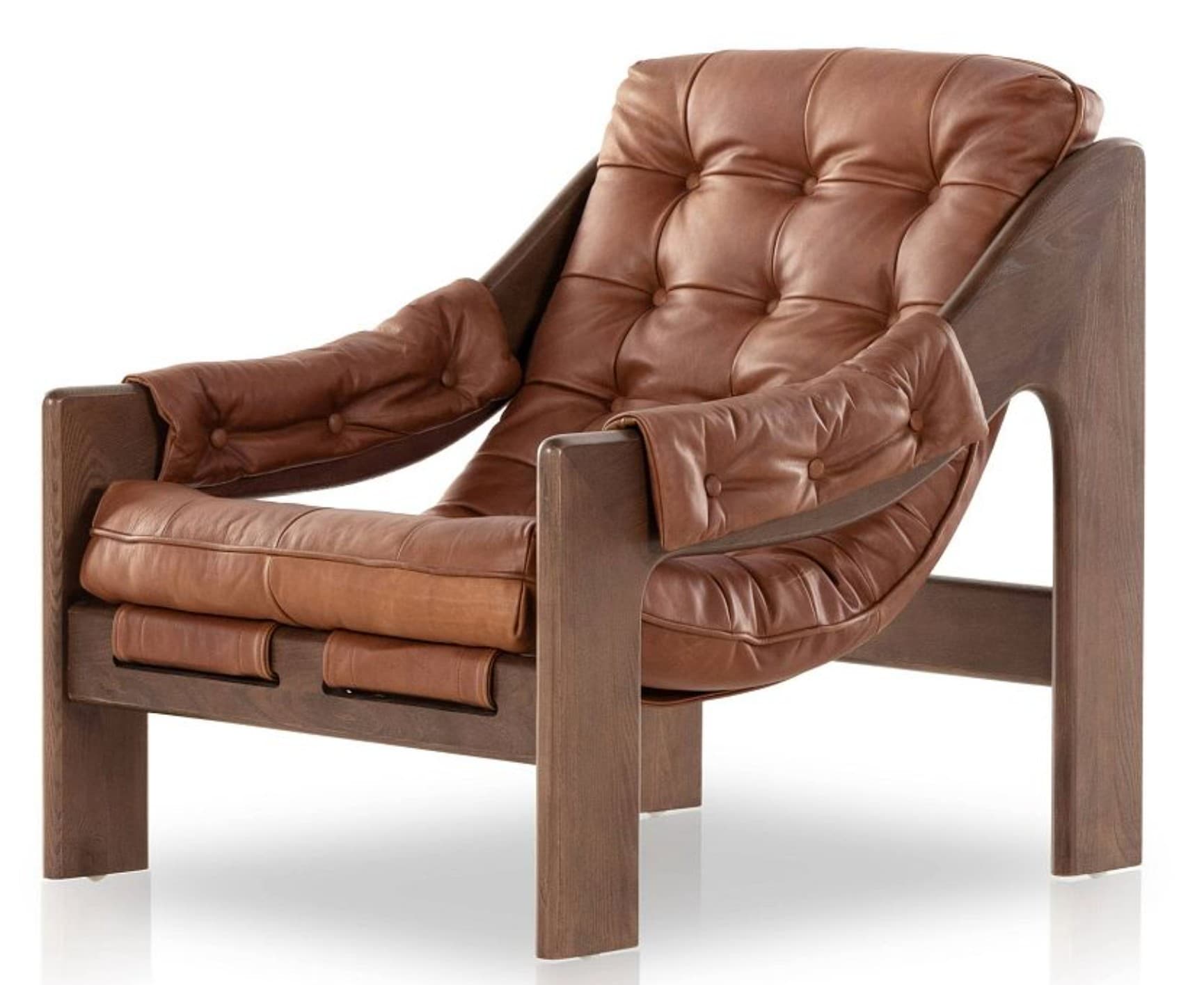 A tufted armchair featuring a wooden frame and brown leather upholstery. The frame has a distinct organic shape with curved elements. The seat and back cushions are deeply tufted with prominent buttons, and the armrests are padded and covered in leather. The overall design suggests a mid-century modern or contemporary style. — 3D model
