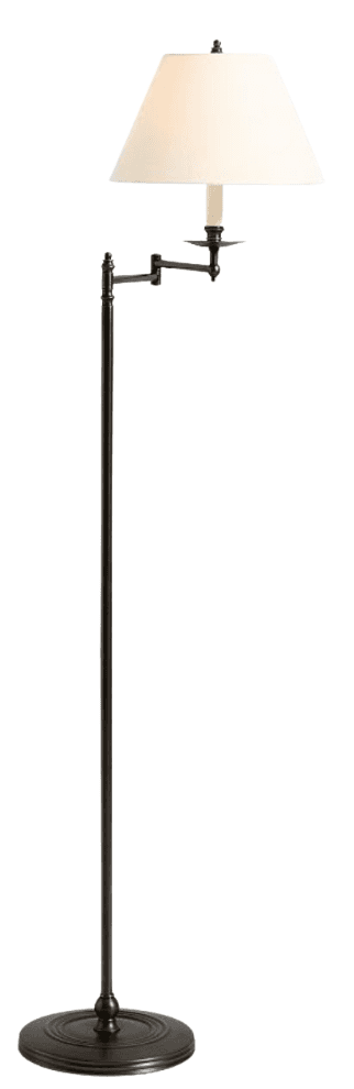 A traditional style floor lamp featuring a dark-toned metal finish, likely bronze or oil-rubbed bronze. It has a sturdy circular base with decorative concentric rings and a straight, slender central pole. An adjustable swing arm extends from the pole, supporting a single light source designed to resemble a candelabra, topped with a conical or tapered cream-colored fabric shade. A matching finial secures the shade. — 3D model