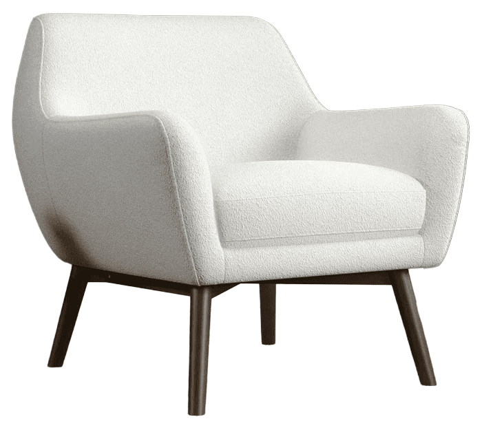 A white bouclé armchair with a rounded back and seat, featuring tapered wooden legs. The armchair has a modern design with a plush, textured upholstery. — 3D model