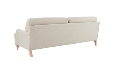 A side profile of a light-colored sofa with a textured fabric upholstery. The sofa features plush back cushions and armrests, and is supported by four turned wooden legs. The stitching detail is visible along the seams of the upholstery. — 3D model