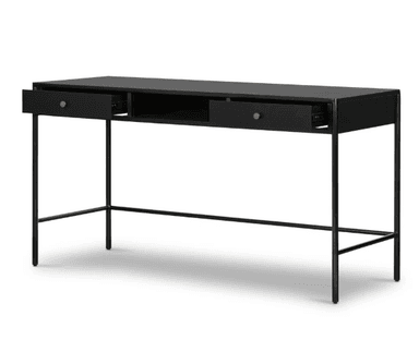 A modern black desk featuring a rectangular top with integrated storage, supported by a slim black metal frame. The desk includes two drawers with brass knob handles and a central open compartment. Its minimalist design is suitable for contemporary interiors. — 3D model