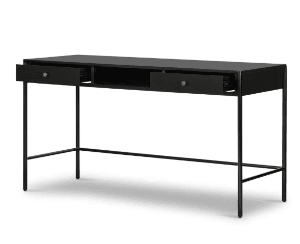 A modern black desk featuring a rectangular top with integrated storage, supported by a slim black metal frame. The desk includes two drawers with brass knob handles and a central open compartment. Its minimalist design is suitable for contemporary interiors. — 3D model