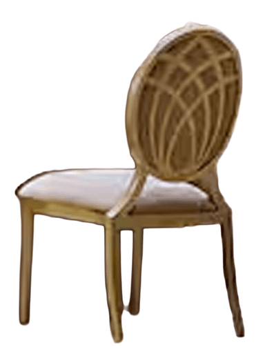 A contemporary gold-colored chair crafted from molded plastic, featuring a circular backrest with an embossed grid pattern and a seamless, four-legged design. — 3D model