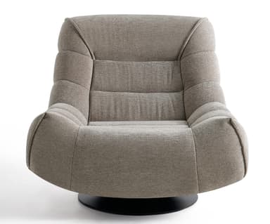 A contemporary upholstered swivel lounge chair featuring a deeply cushioned, rounded form in a neutral textured fabric, supported by a circular black disc base. — 3D model