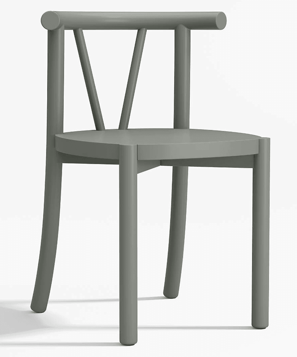 A minimalist grey chair with a flat seat and a backrest featuring a horizontal top rail supported by angled spindles. — 3D model