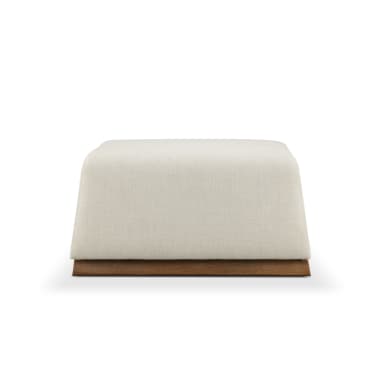 A modern rectangular ottoman featuring a light-colored fabric upholstery and a distinctive dark wood base with angular, inverted V-shaped supports. — 3D model