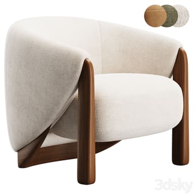 A modern lounge chair featuring a distinctive curved upholstered back and seat, supported by an exposed dark wood frame. — 3D model
